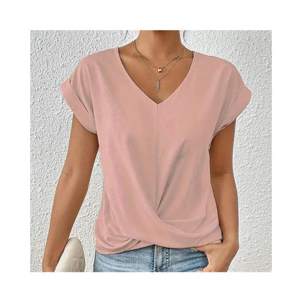 Women's V Neck Short Sleeve Twist Knot Tops Casual Loose Summer T Shirts