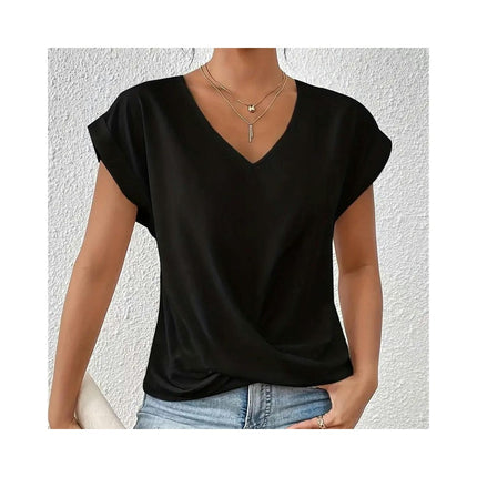 Women's V Neck Short Sleeve Twist Knot Tops Casual Loose Summer T Shirts