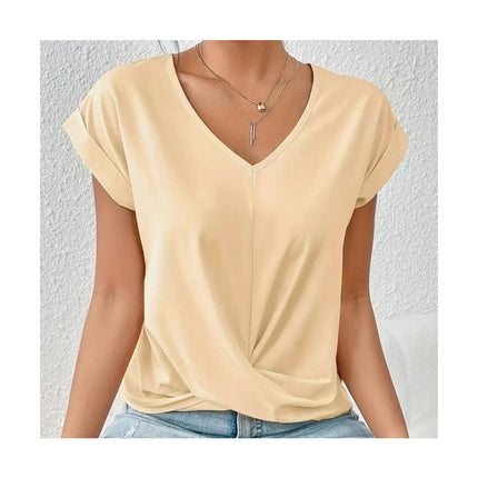 Women's V Neck Short Sleeve Twist Knot Tops Casual Loose Summer T Shirts