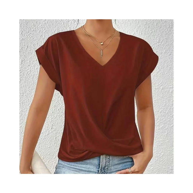 Women's V Neck Short Sleeve Twist Knot Tops Casual Loose Summer T Shirts