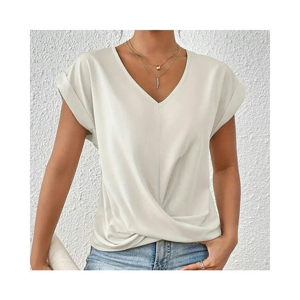 Women's V Neck Short Sleeve Twist Knot Tops Casual Loose Summer T Shirts