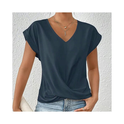 Women's V Neck Short Sleeve Twist Knot Tops Casual Loose Summer T Shirts