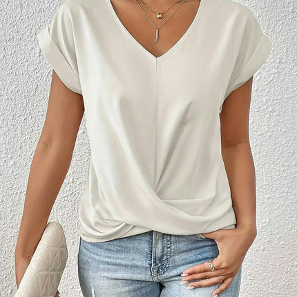 Women's V Neck Short Sleeve Twist Knot Tops Casual Loose Summer T Shirts