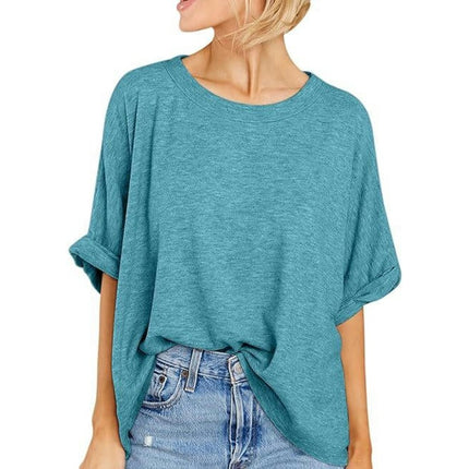 Women's Summer Crewneck Short Sleeve T-Shirts Solid Color Loose Fit Basic Tops Blouses