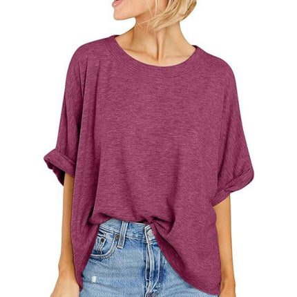 Women's Summer Crewneck Short Sleeve T-Shirts Solid Color Loose Fit Basic Tops Blouses