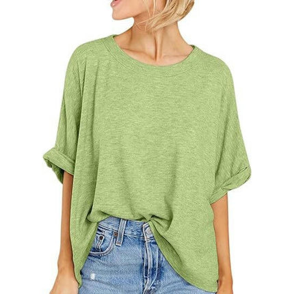 Women's Summer Crewneck Short Sleeve T-Shirts Solid Color Loose Fit Basic Tops Blouses