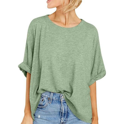 Women's Summer Crewneck Short Sleeve T-Shirts Solid Color Loose Fit Basic Tops Blouses