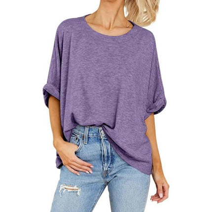 Women's Summer Crewneck Short Sleeve T-Shirts Solid Color Loose Fit Basic Tops Blouses