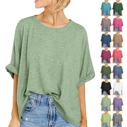 Women's Summer Crewneck Short Sleeve T-Shirts Solid Color Loose Fit Basic Tops Blouses