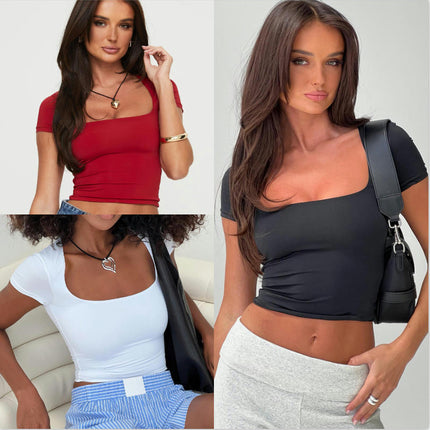 Womens Short Sleeve Ruched Square Neck Fitted Tee Shirts Crop Tops