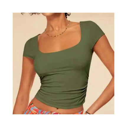 Womens Short Sleeve Ruched Square Neck Fitted Tee Shirts Crop Tops