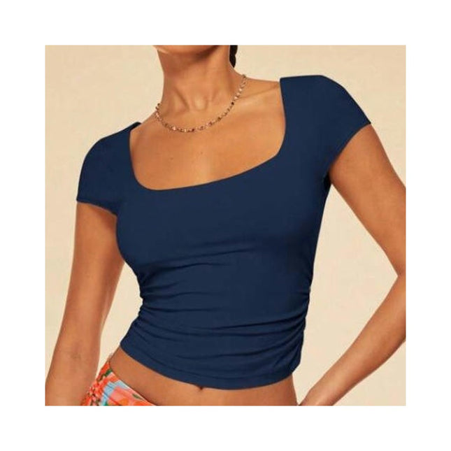 Womens Short Sleeve Ruched Square Neck Fitted Tee Shirts Crop Tops