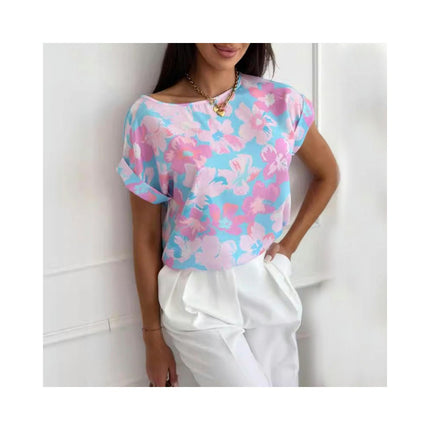 Womens Casual Crew Neck Short Sleeve Tops Fashion Printed Blouses