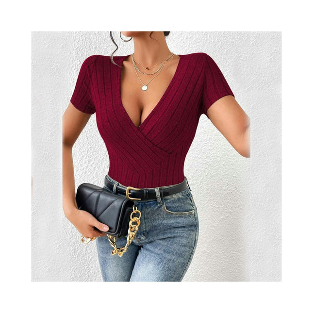 Women's Summer Deep V Neck Short Sleeve T-Shirts Knit Slim Fitted Casual Basic Top