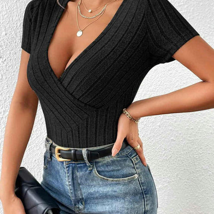 Women's Summer Deep V Neck Short Sleeve T-Shirts Knit Slim Fitted Casual Basic Top