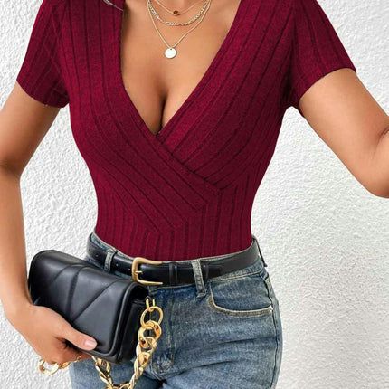 Women's Summer Deep V Neck Short Sleeve T-Shirts Knit Slim Fitted Casual Basic Top