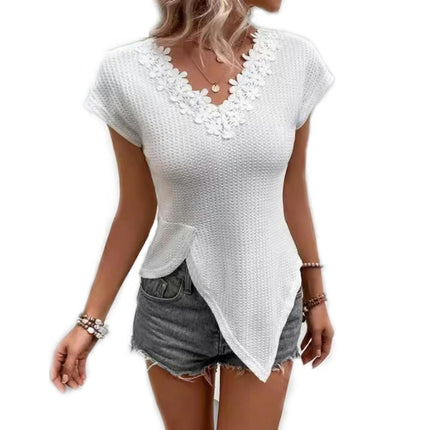 Women's Summer Lace Trim V Neck Short Sleeve T-Shirts Slim Fitted Asymmetrical Hem Top