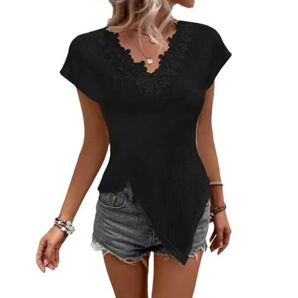 Women's Summer Lace Trim V Neck Short Sleeve T-Shirts Slim Fitted Asymmetrical Hem Top