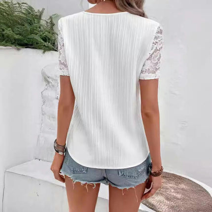 Women's Casual Lace Trim V Neck T Shirt Short Sleeve Slim Fit Top