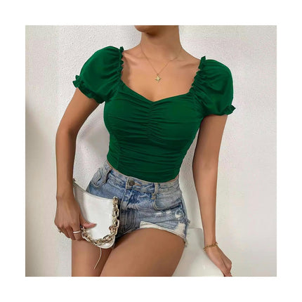 Women's Casual Sweetheart Neck T Shirt Puff Short Sleeve Ruched Slim Fit Top