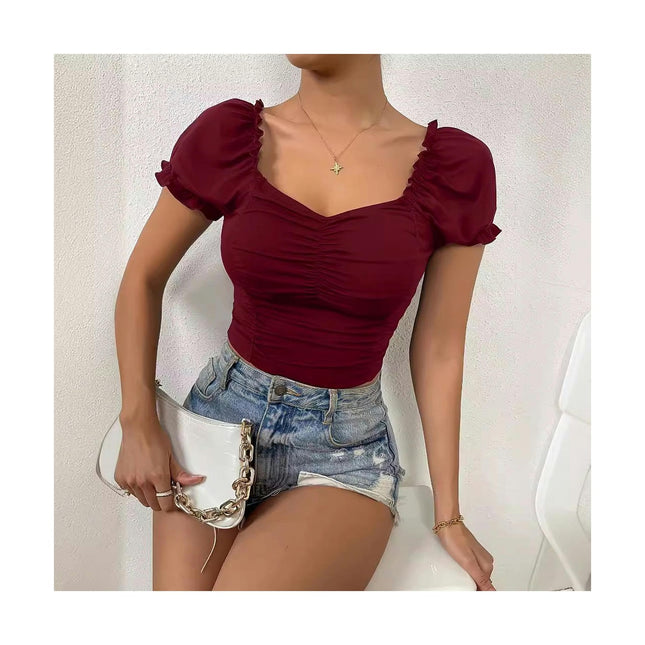 Women's Casual Sweetheart Neck T Shirt Puff Short Sleeve Ruched Slim Fit Top