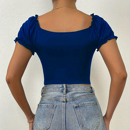 Women's Casual Sweetheart Neck T Shirt Puff Short Sleeve Ruched Slim Fit Top