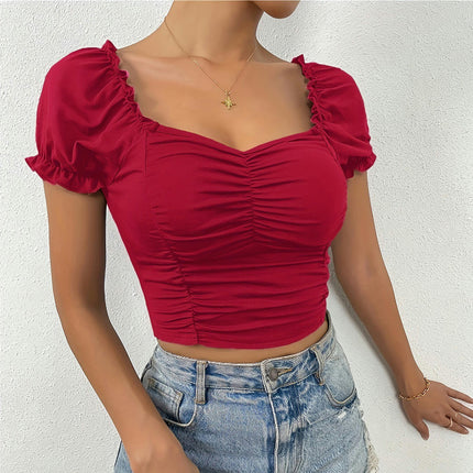 Women's Casual Sweetheart Neck T Shirt Puff Short Sleeve Ruched Slim Fit Top