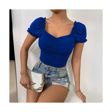 Women's Casual Sweetheart Neck T Shirt Puff Short Sleeve Ruched Slim Fit Top