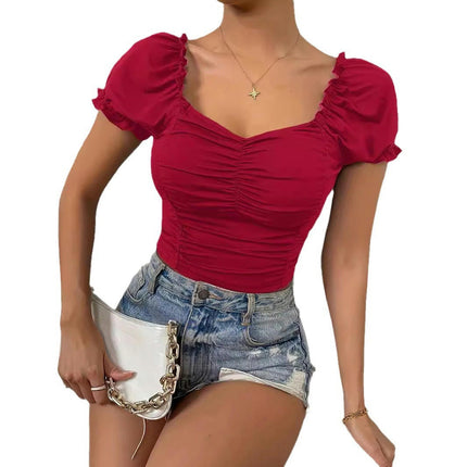 Women's Casual Sweetheart Neck T Shirt Puff Short Sleeve Ruched Slim Fit Top