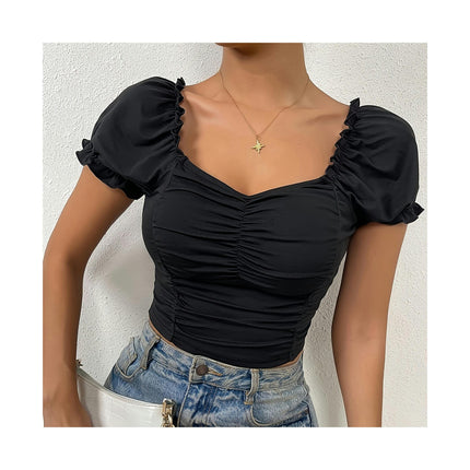 Women's Casual Sweetheart Neck T Shirt Puff Short Sleeve Ruched Slim Fit Top