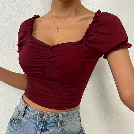 Women's Casual Sweetheart Neck T Shirt Puff Short Sleeve Ruched Slim Fit Top