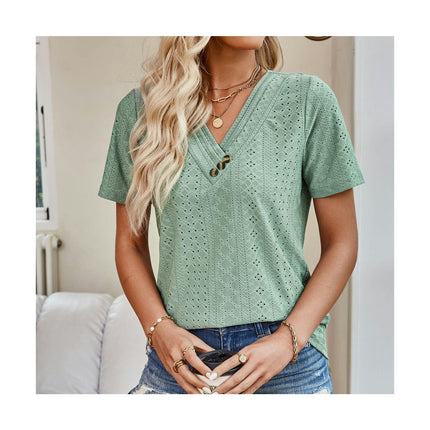 Women's Summer Button V Neck Short Sleeve T-Shirts Eyelets Loose Fit Top