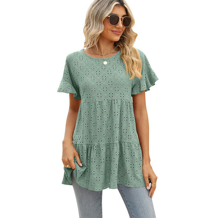 Women's Summer Eyelets Crewneck Short Sleeve T-Shirts Ruffled Hem Loose Fit Tops