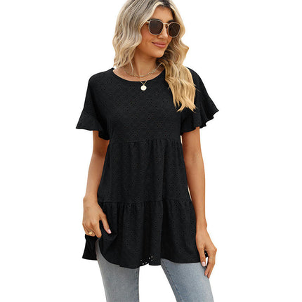 Women's Summer Eyelets Crewneck Short Sleeve T-Shirts Ruffled Hem Loose Fit Tops