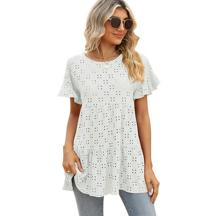 Women's Summer Eyelets Crewneck Short Sleeve T-Shirts Ruffled Hem Loose Fit Tops