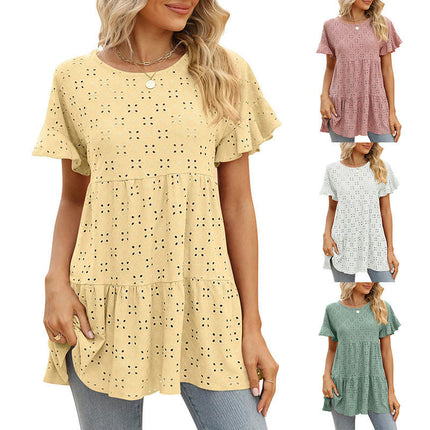 Women's Summer Eyelets Crewneck Short Sleeve T-Shirts Ruffled Hem Loose Fit Tops