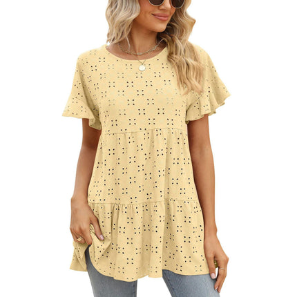 Women's Summer Eyelets Crewneck Short Sleeve T-Shirts Ruffled Hem Loose Fit Tops