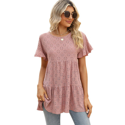 Women's Summer Eyelets Crewneck Short Sleeve T-Shirts Ruffled Hem Loose Fit Tops