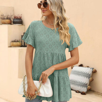 Women's Summer Eyelets Crewneck Short Sleeve T-Shirts Ruffled Hem Loose Fit Tops