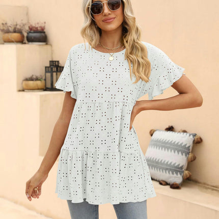 Women's Summer Eyelets Crewneck Short Sleeve T-Shirts Ruffled Hem Loose Fit Tops