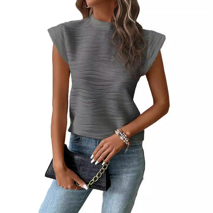 Women's Summer Cap Sleeve T-Shirts High Neck Texture Shirts Tops