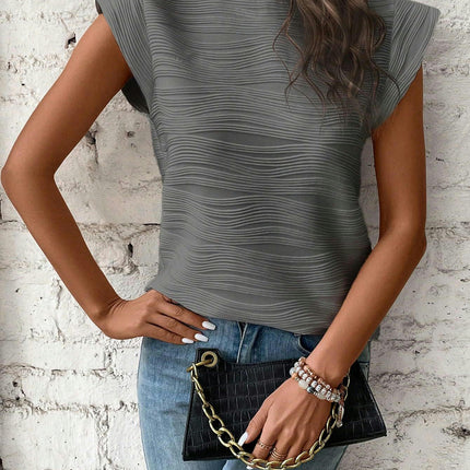 Women's Summer Cap Sleeve T-Shirts High Neck Texture Shirts Tops