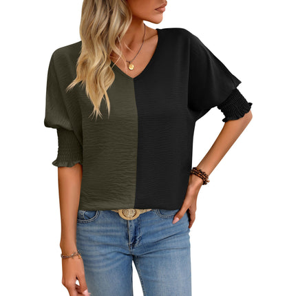 Women's Casual V Neck Color Block Shirt Puff Short Sleeve Loose Fit Summer Tops