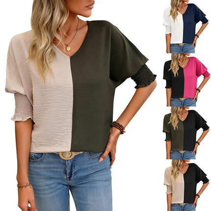 Women's Casual V Neck Color Block Shirt Puff Short Sleeve Loose Fit Summer Tops