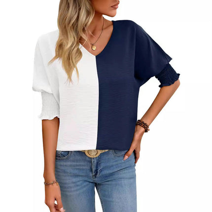 Women's Casual V Neck Color Block Shirt Puff Short Sleeve Loose Fit Summer Tops