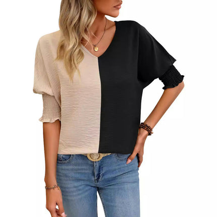 Women's Casual V Neck Color Block Shirt Puff Short Sleeve Loose Fit Summer Tops