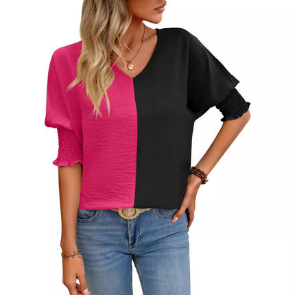 Women's Casual V Neck Color Block Shirt Puff Short Sleeve Loose Fit Summer Tops