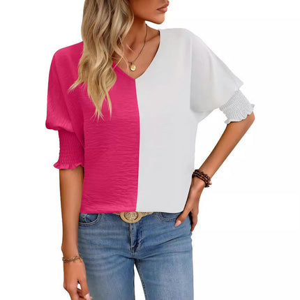 Women's Casual V Neck Color Block Shirt Puff Short Sleeve Loose Fit Summer Tops