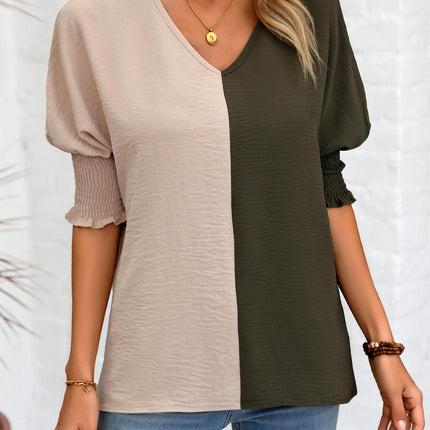 Women's Casual V Neck Color Block Shirt Puff Short Sleeve Loose Fit Summer Tops