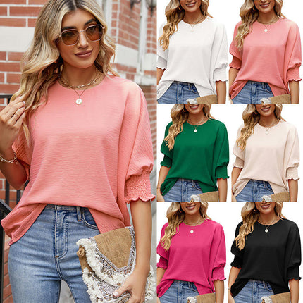 Womens Casual Puff 3/4 Sleeve Shirts Blouse Summer Loose Fit Crewneck Tops